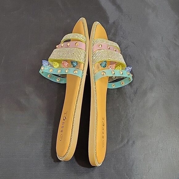 BRAND NEW ROUGE STUDDED RHINESTONES EMBELLISHMENTS SLIDE SANDAL - Picture 10 of 15